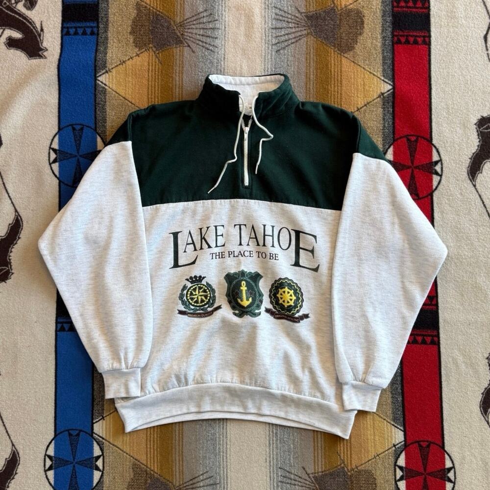 Vintage 90s Lake Tahoe Nautical Sailing 1/4 Zip Sweatshirt Size XL Outdoors